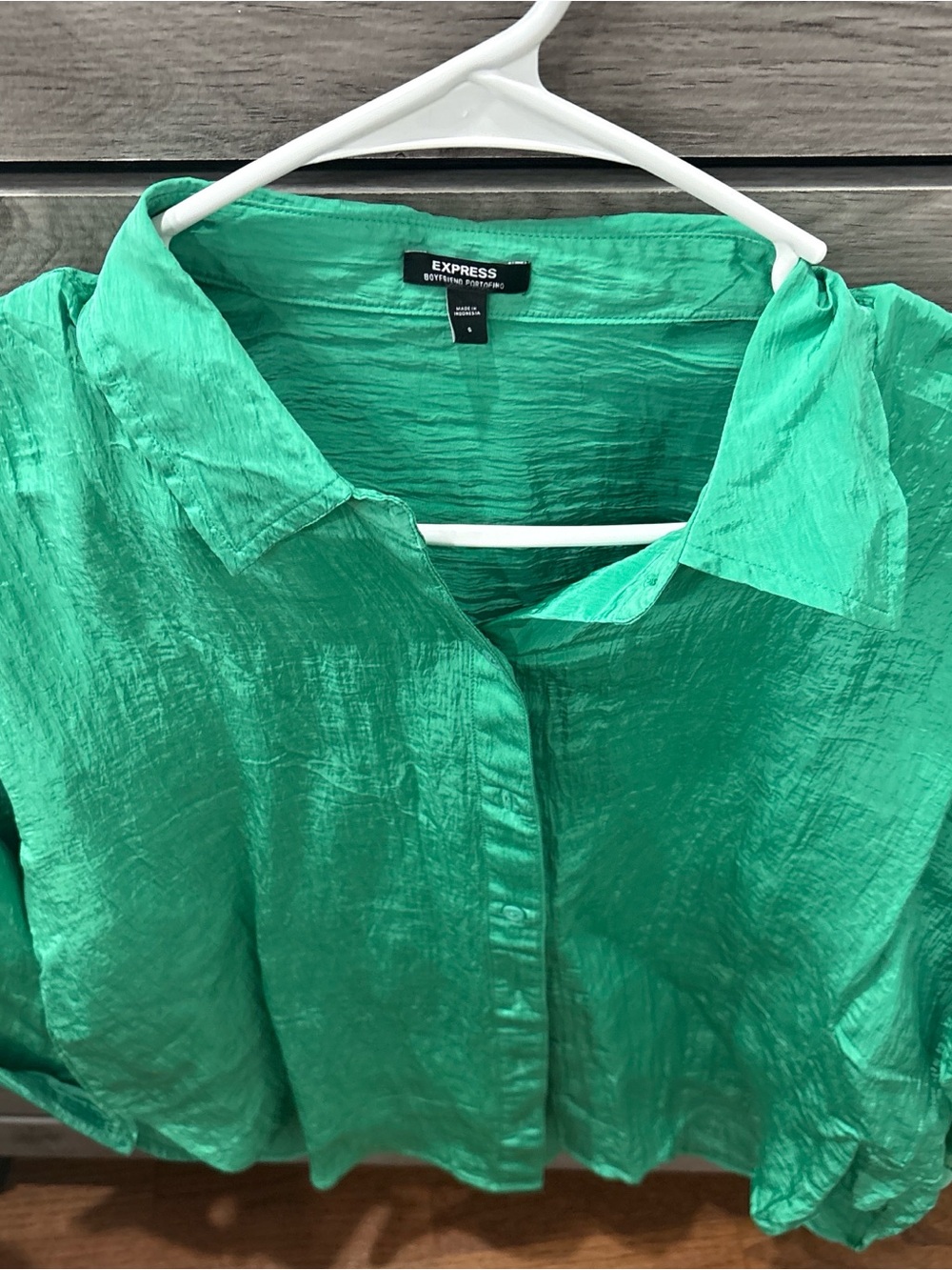 Express Green Button-Down Shiny Blouse